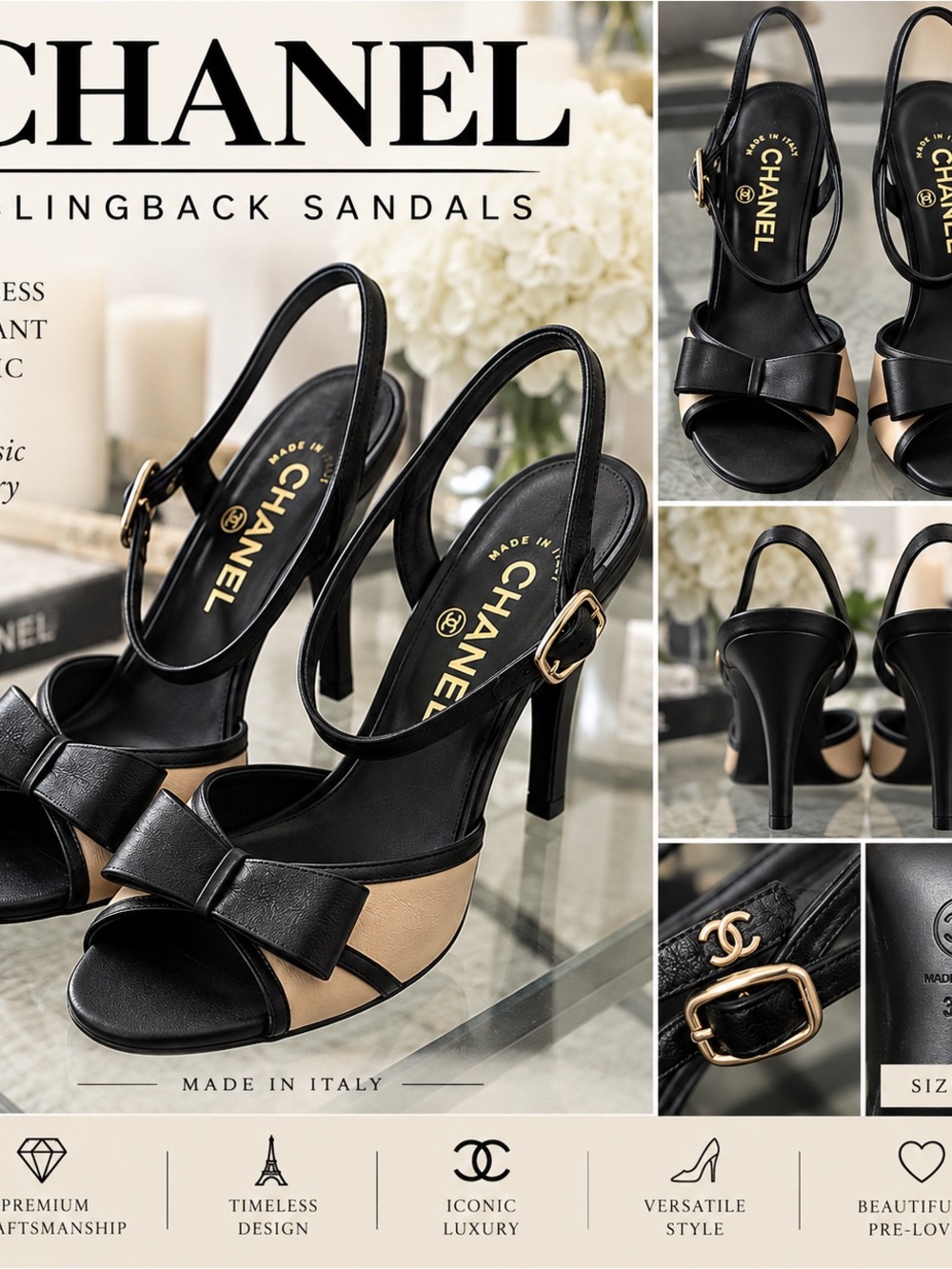 CHANEL Black & Beige Leather Bow Slingback Heels | Size 38.5 | Made in Italy